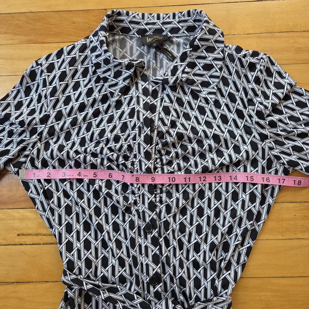 Laundry Shelli Segal Shirt Dress Button Front Silky Black White Geometric Sz 10 - Picture 4 of 13